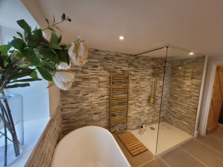 beautiful bathroom with shower towel radiator
